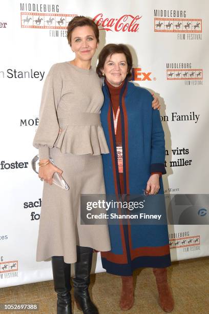 Actress Maggie Gyllenhaal and Janet Maslin of the New York Times at the Middleburg Film Festival on October 21, 2018 in Middleburg, Virginia.