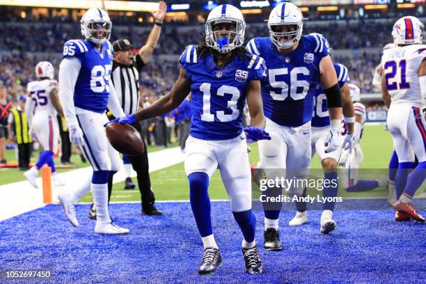 Hilton of the Indianapolis Colts celebrates after a touchdown in the second quarter against the Buffalo Bills at Lucas Oil Stadium on October 21,...