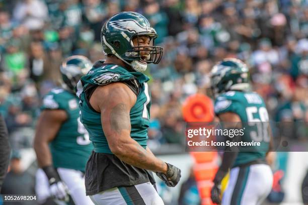 Philadelphia Eagles defensive end Michael Bennett reacts during the first half of the National Football League game between the Carolina Panthers and...