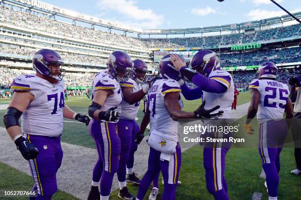 Aldrick Robinson of the Minnesota Vikings is congratulated by his teammates after his fourth quarter touchdown against the New York Jets at MetLife...