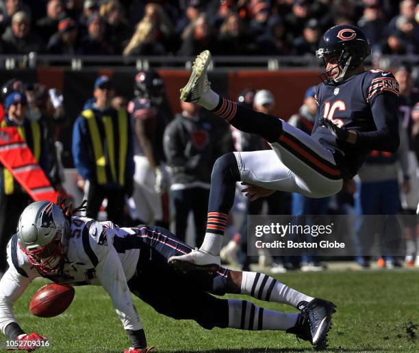 New England Patriots linebacker Dont'a Hightower blocks a punt by Chicago Bears punter Pat O'Donnell during the third quarter. The New England...