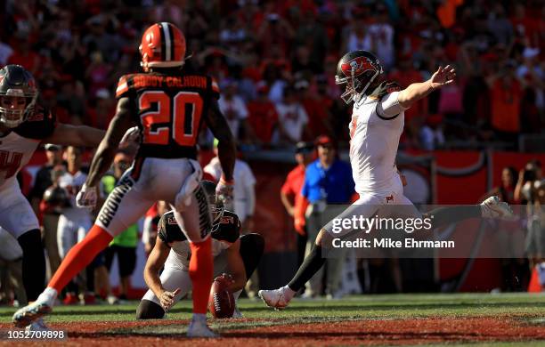 Chandler Catanzaro of the Tampa Bay Buccaneers kicks the game winning field goal in overtime during a game against the Cleveland Browns at Raymond...