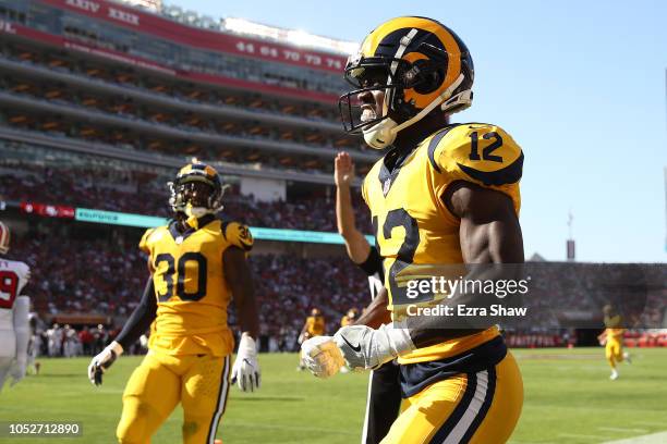 Brandin Cooks of the Los Angeles Rams celebrates after a touchdown against the San Francisco 49ers during their NFL game at Levi's Stadium on October...