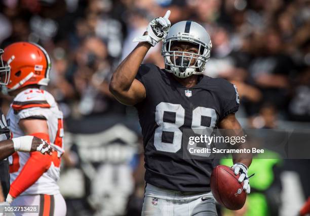 Oakland Raiders wide receiver Amari Cooper celebrates a touchdown against the Cleveland Browns on Sunday, Sept. 30, 2018 at the Oakland-Alameda...