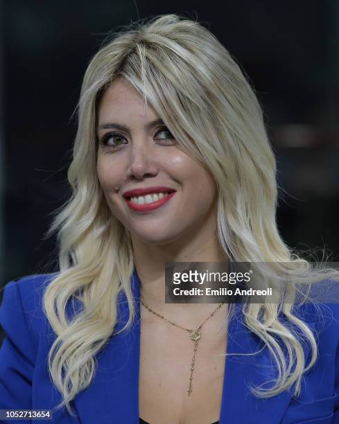 Wanda Nara in seen during the Serie A match between FC Internazionale and AC Milan at Stadio Giuseppe Meazza on October 21, 2018 in Milan, Italy.