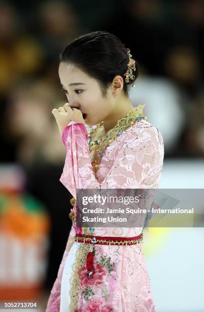 Marin Honda of Japan competes in the Ladies Free Program during the ISU Grand Prix of Figure Skating Skate America on October 21, 2018 in Everett,...
