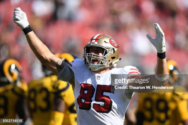 George Kittle of the San Francisco 49ers reacts after a play against the Los Angeles Rams during their NFL game at Levi's Stadium on October 21, 2018...