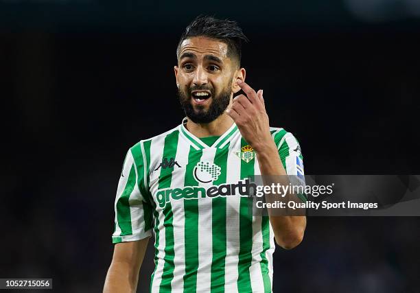 Ryad Boudebouz of Betis reacts during the La Liga match between Real Betis Balompie and Real Valladolid CF at Estadio Benito Villamarin on October...