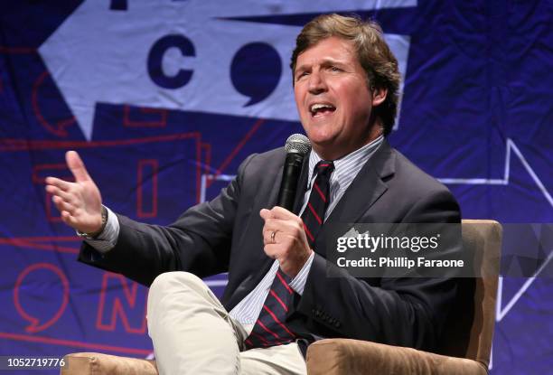 Tucker Carlson speaks onstage during Politicon 2018 at Los Angeles Convention Center on October 21, 2018 in Los Angeles, California.