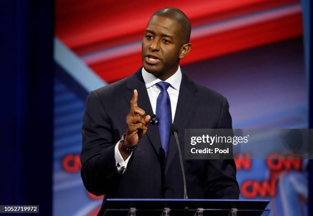 Florida Democratic gubernatorial candidate Andrew Gillum speaks during a CNN debate against his Republican opponent Ron DeSantis, Sunday, Oct. 21 in...