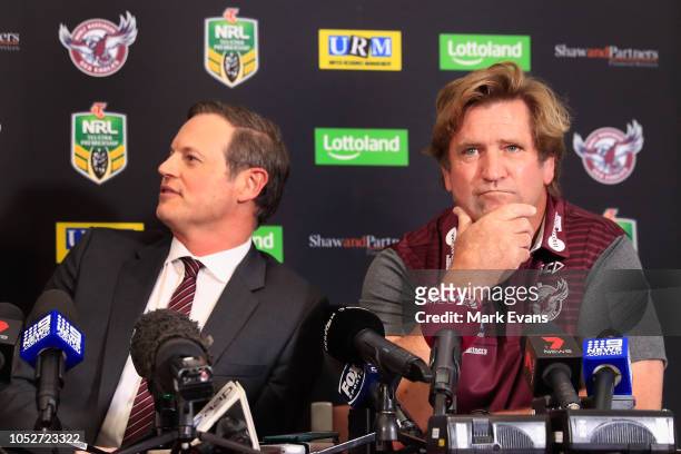 Chairman Scott Penn and new Manly Coach Des Hasler at a Manly Sea Eagles NRL press conference at Sydney Academy of Sport, Narrabeen on October 22,...