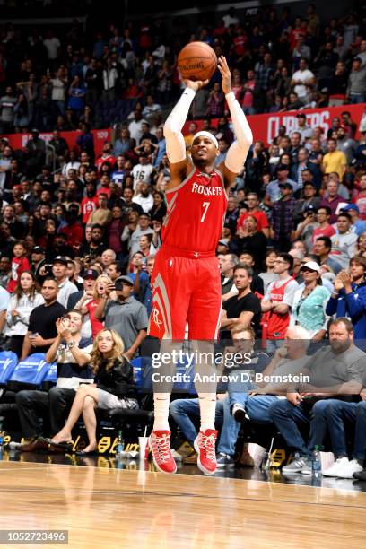 Carmelo Anthony of the Houston Rockets shoots the ball against the LA Clippers on October 21, 2018 at Staples Center in Los Angeles, California. NOTE...