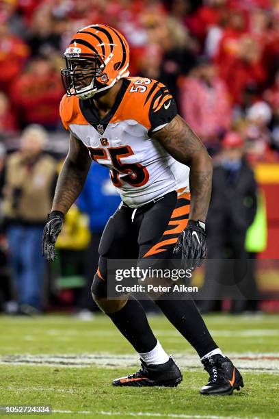 Vontaze Burfict of the Cincinnati Bengals drops back in coverage during the first half of the game against the Kansas City Chiefs at Arrowhead...