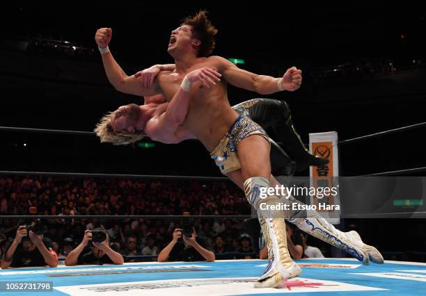 Kenny Omega and Kota Ibushi compete in the 3 Way match between Kenny Omega, Cody and Kota Ibushi during the King of Pro-Wresting at Ryogoku Kokugikan...