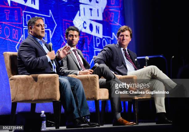 Cenk Uygur, Steven Olikara and Tucker Carlson speak during Politicon 2018 at Los Angeles Convention Center on October 21, 2018 in Los Angeles,...