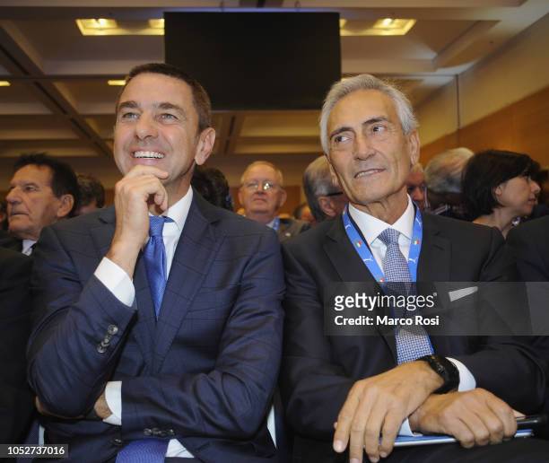 Commissioner Alessandro Costacurta and Gabriele Gravina attend the Italian Football Federation elective assembly on October 22, 2018 in Rome, Italy.