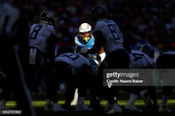 Derwin James of Los Angeles Chargers looks on during the NFL International Series match between Tennessee Titans and Los Angeles Chargers at Wembley...
