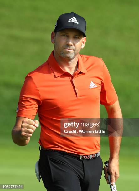 Sergio Garcia of Spain celebrates a birdie on the 17th green during completion of the weather affected third and final round of the Andalucia...