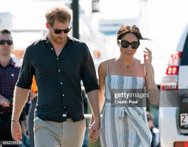 Prince Harry, Duke of Sussex and Meghan, Duchess of Sussex visit Kingfisher Bay Resort on October 22, 2018 in Fraser Island, Australia. The Duke and...