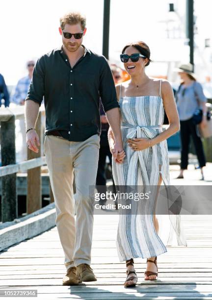 Prince Harry, Duke of Sussex and Meghan, Duchess of Sussex visit Kingfisher Bay Resort on October 22, 2018 in Fraser Island, Australia. The Duke and...