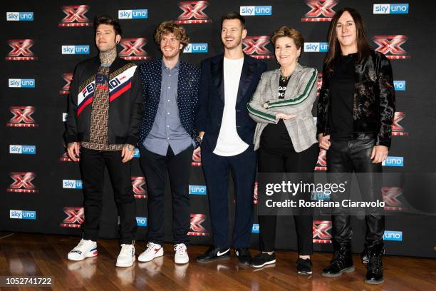 Fedez, Lodo Guenzi, Alessandro Cattelan, Mara Maionchi and Manuel Agnelli attend X Factor 2018 photocall at Teatro Linear Ciak on October 22, 2018 in...