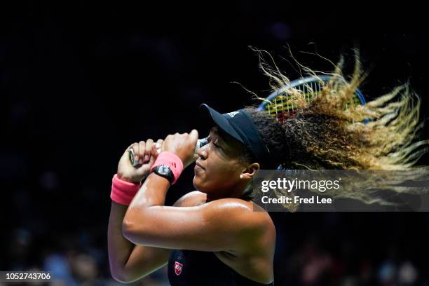 Naomi Osaka of Japan reacts against Sloane Stephens of the United States during day 2 of the BNP Paribas WTA Finals Singapore presented by SC Global...