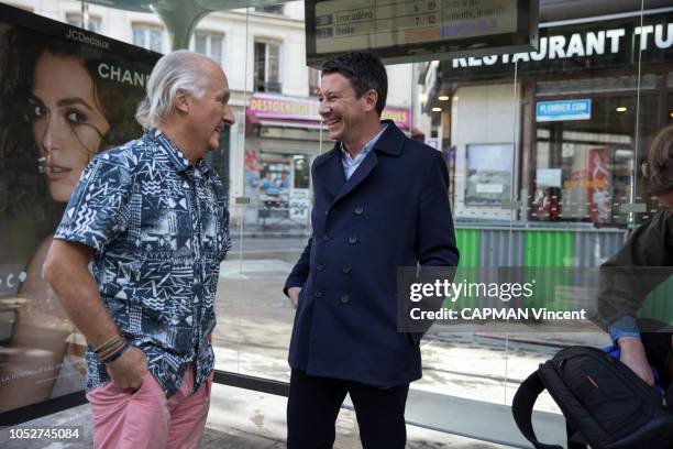 The government spokesman and potential candidate for mayor of Paris in 2020, Benjamin Grivaux is photographed for Paris Match talking with man on...