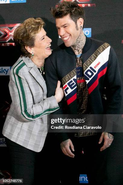Mara Maionchi and Fedez attend X Factor 2018 photocall at Teatro Linear Ciak on October 22, 2018 in Milan, Italy.