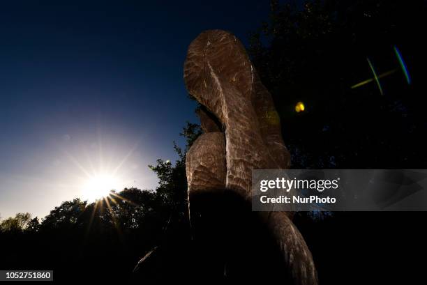 Wood sculptures are pictured at the Epping Forest woodhenge in East London on October 22, 2018. The sculptures are created from oaks felled during...