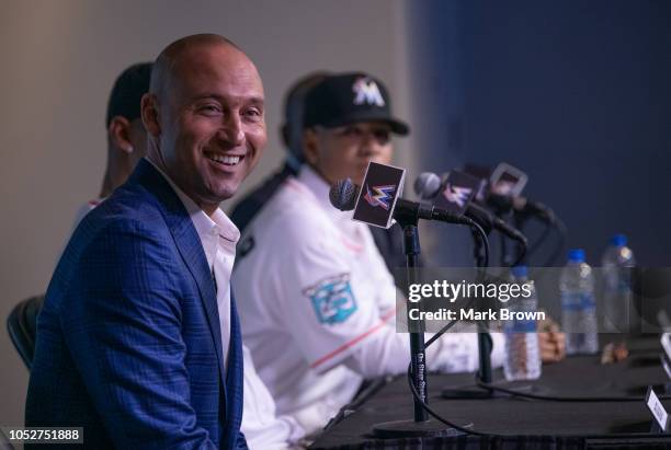 Chief Executive Officer of the Miami Marlins Derek Jeter, speaks with members of the media to announce the signing of the Mesa brothers at Marlins...