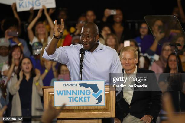 Florida Democratic gubernatorial nominee Andrew Gillum speaks as U.S. Sen. Bill Nelson listens behind him during a campaign rally held at the...