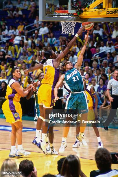 Allison Feaster of the Charlotte Sting shoots during Game Two of the 2001 WNBA Finals on September 1, 2001 at the Staples Center in Los Angeles,...