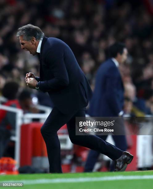 Claude Puel, Manager of Leicester City celebrats after Ben Chilwell of Leicester City scores his sides first goal during the Premier League match...