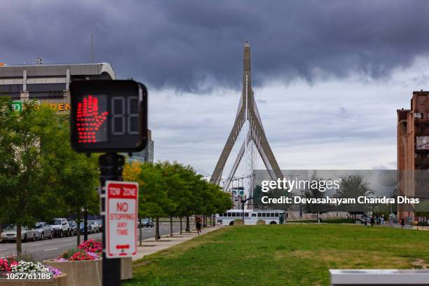 kabel gebliebene zakim oder leonard p. zakim bunker hill brücke über charles river im nördlichen teil von boston, massachusetts in neuengland, usa an einem trüben nachmittag - hockey car stock-fotos und bilder