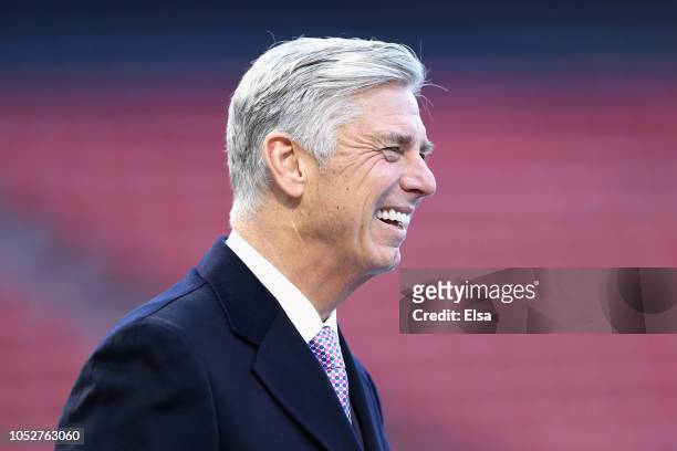Dave Dombrowski, President of Baseball Operations for the Boston Red Sox, looks on during team workouts ahead of the 2018 World Series between the...