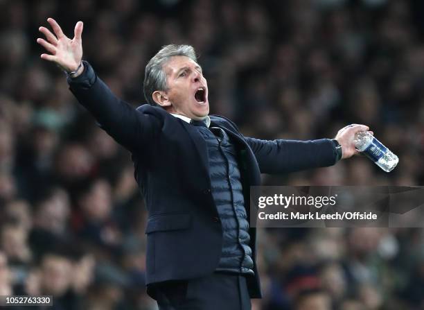 Leicester manager Claude Puel shouts and gestures wildly on the touchline during the Premier League match between Arsenal FC and Leicester City at...