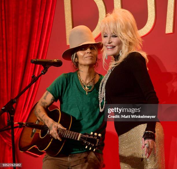 Dolly Parton performs onstage with Linda Perry at a luncheon for the Netflix Film Dumplin' at Four Seasons Hotel Los Angeles at Beverly Hills on...