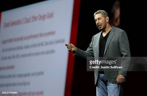 Oracle co-founder and Chairman Larry Ellison delivers a keynote address during the Oracle OpenWorld on October 22, 2018 in San Francisco, California....