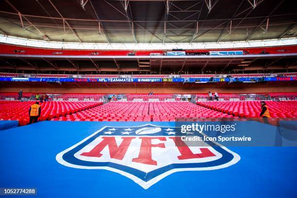 The NFL logo awaits the crowds before the doors open to fans at the NFL game between the Tennessee Titans and the Los Angeles Chargers on October 21,...