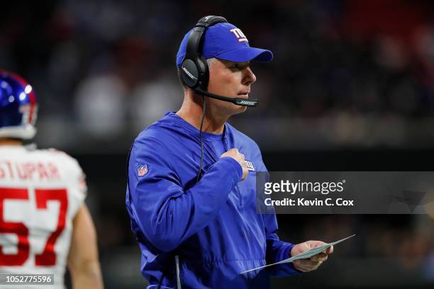 Head coach Pat Shurmur of the New York Giants watches the game during the first quarter against the Atlanta Falcons at Mercedes-Benz Stadium on...