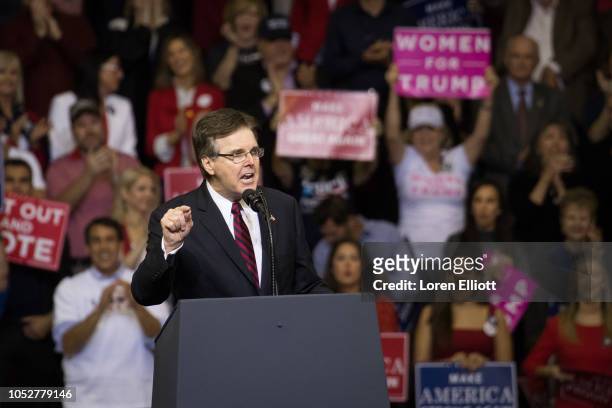 Texas Lt. Governor Dan Patrick addresses the crowd before President Donald Trump took the stage for a rally in support of Sen. Ted Cruz on October...
