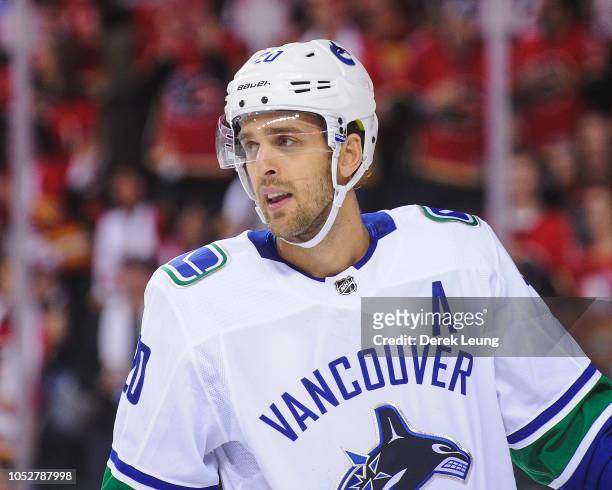 Brandon Sutter of the Vancouver Canucks in action against the Calgary Flames during an NHL game at Scotiabank Saddledome on October 6, 2018 in...