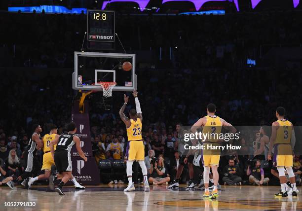 LeBron James of the Los Angeles Lakers misses his second straight freethrow with a 142-141 lead during overtime against the San Antonio Spurs at...