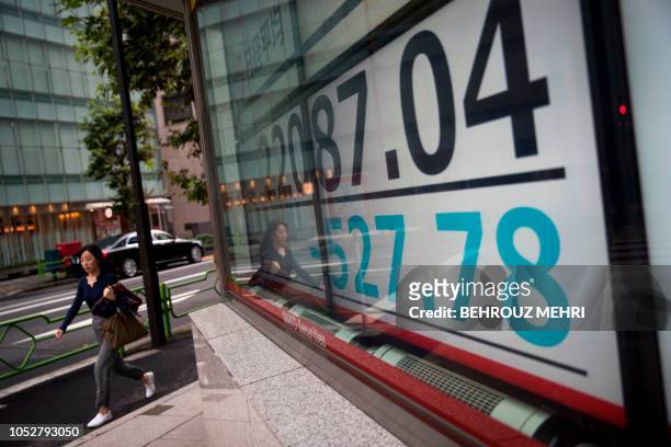 Pedestrian walks past a stock indicator board for the Tokyo Stock Exchange in Tokyo on October 23, 2018. - Tokyo stocks dropped sharply on October 23...