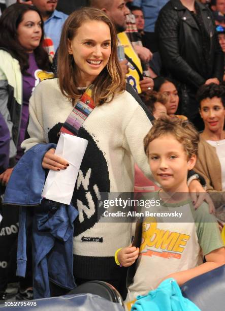 Natalie Portman and son Aleph Portman-Millepied attend a basketball game between the Los Angeles Lakers and the San Antonio Spurs at Staples Center...