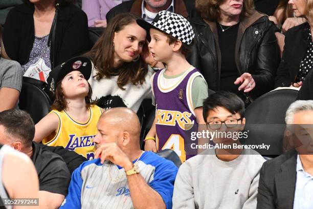 Natalie Portman and her son Aleph Portman-Millepied attend a basketball game between the Los Angeles Lakers and the San Antonio Spurs at Staples...