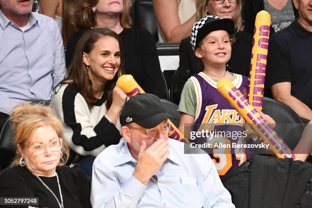 Natalie Portman and her son Aleph Portman-Millepied attend a basketball game between the Los Angeles Lakers and the San Antonio Spurs at Staples...