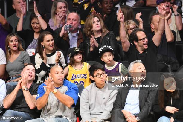 Natalie Portman, her son Aleph Portman-Millepied and friends attend a basketball game between the Los Angeles Lakers and the San Antonio Spurs at...