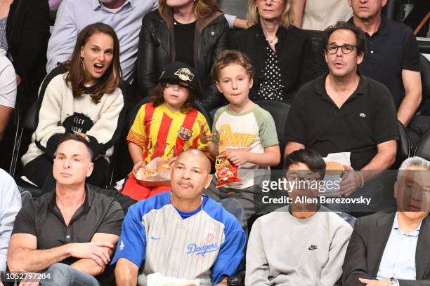 Natalie Portman, her son Aleph Portman-Millepied and friends attend a basketball game between the Los Angeles Lakers and the San Antonio Spurs at...