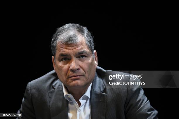 Former Ecuadorian President Rafael Correa attends to a meeting on power and checks and balance at the national theater in Brussels on October 22,...